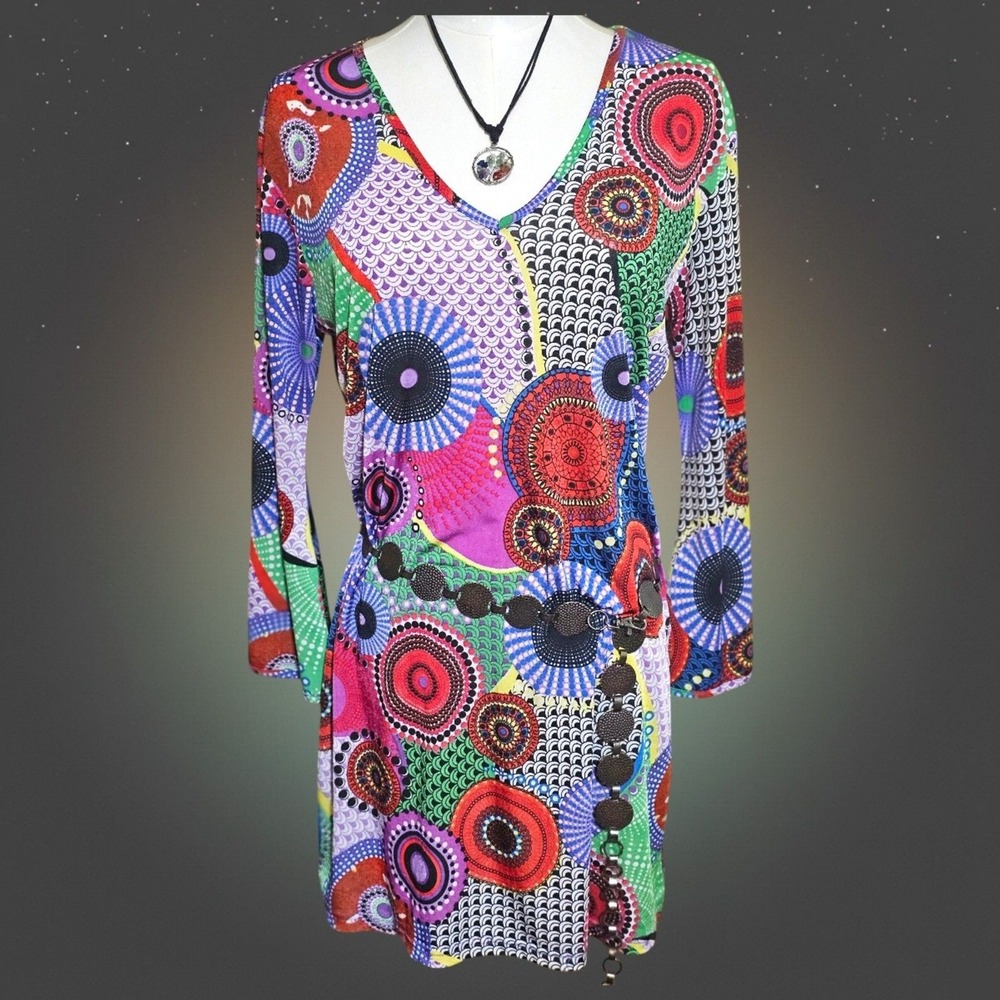 Highness‎ M Multicolor Print Dress Psychedelic Retro Boho Artsy Shift Stretch